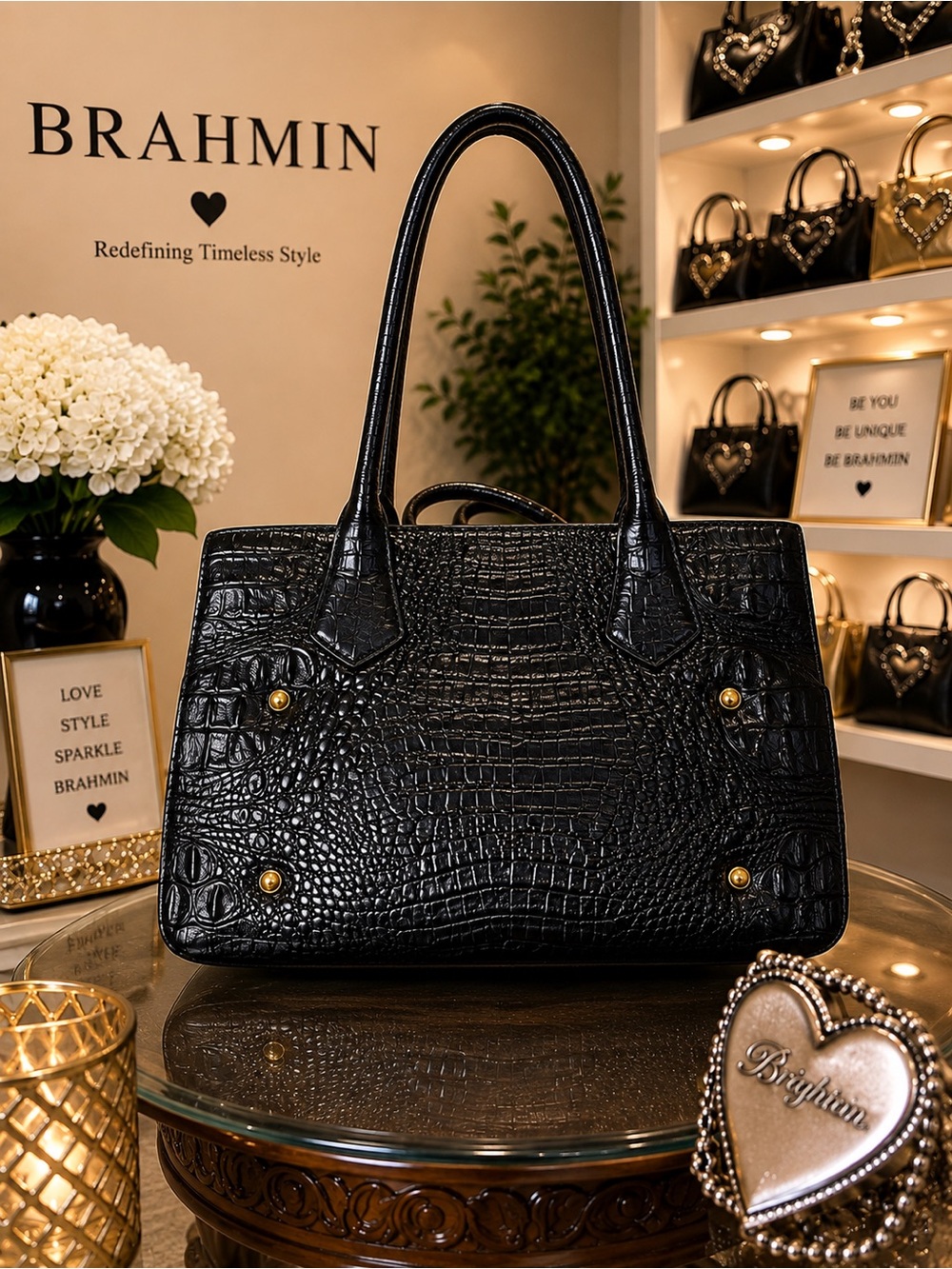 Brahmin Black & Cream Snake-Print calf hair Tote with Croc-Trim - Picture 3 of 7